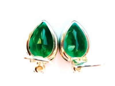 Vintage 50s Silver Tone Emerald Green Crystal Tear Drop Clip On 