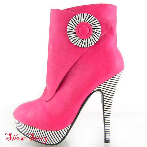 Pink Black White Stripe Platform Ankle Boots Au Sz 8.5  