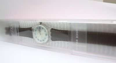 New Swatch Blue Conker Brown Leather Band Day Date Watch 35mm GE704 $ 