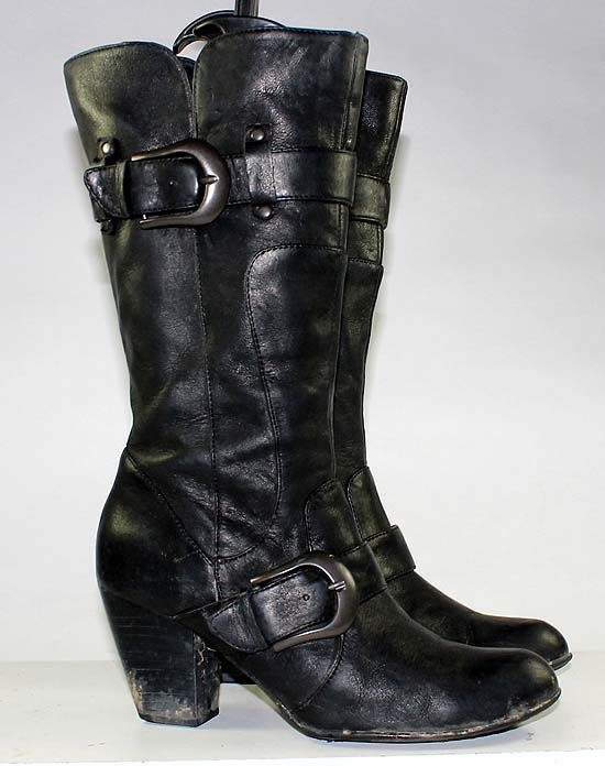 BORN BLACK LEATHER ZIPPER/BUCKLE FASHION STACKED HEEL BOOTS WOMENS sz 