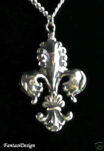 Art Nouveau Fleur de Lis French Baroque Style Pewter Pendant Necklace 