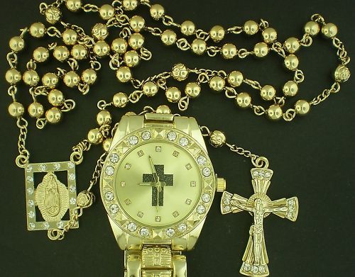 ROSARY ICEDOUT CRYSTAL LOOK GOLD TONE BEADS+CHARM+WATCH  