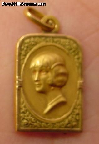 Antique 18k Gold Art Deco Ladys Portrait Pendant  