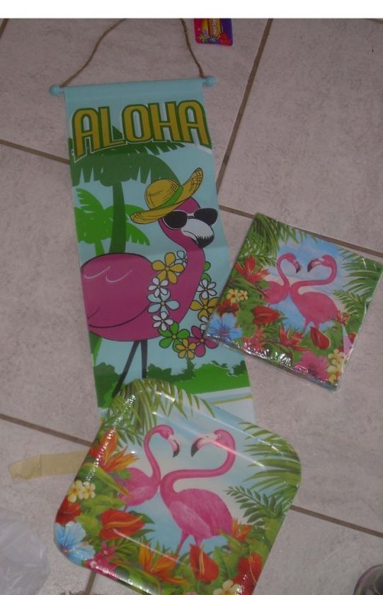 Pink Flamingo Party Pack plates, napkins door wall hang  