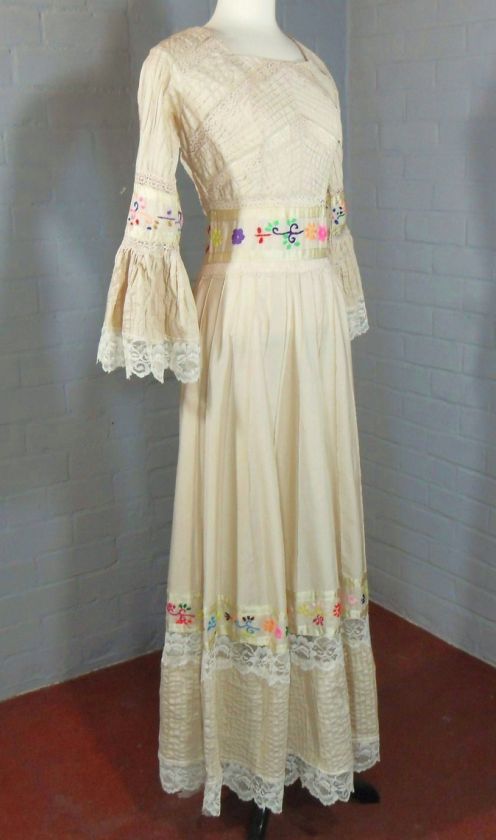 VTG 70S MEXICAN EMBROIDERED BELL SLEEVE LACE PINTUCK MAXI DRESS 