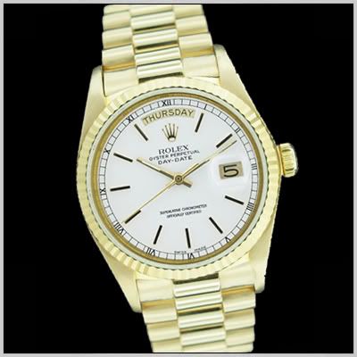 ROLEX MENS 18K GOLD DAY DATE PRESIDENT WHITE DIAL WATCH  