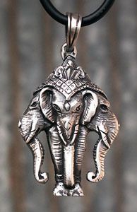 Hindu 3 headed elephant Pewter Pendant W Black Necklace  