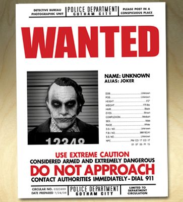   Dark Knight Joker Wanted Poster Movie Prop Replica Print Heath Ledger